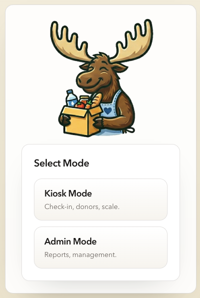 Pantry Smile mode selection screen showing Kiosk Mode and Admin Mode